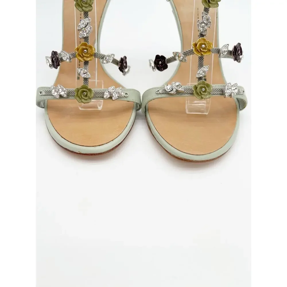 Giuseppe Zanotti Vintage Mint Green Crystal Floral T Strap Heeled Sandals US 7.5